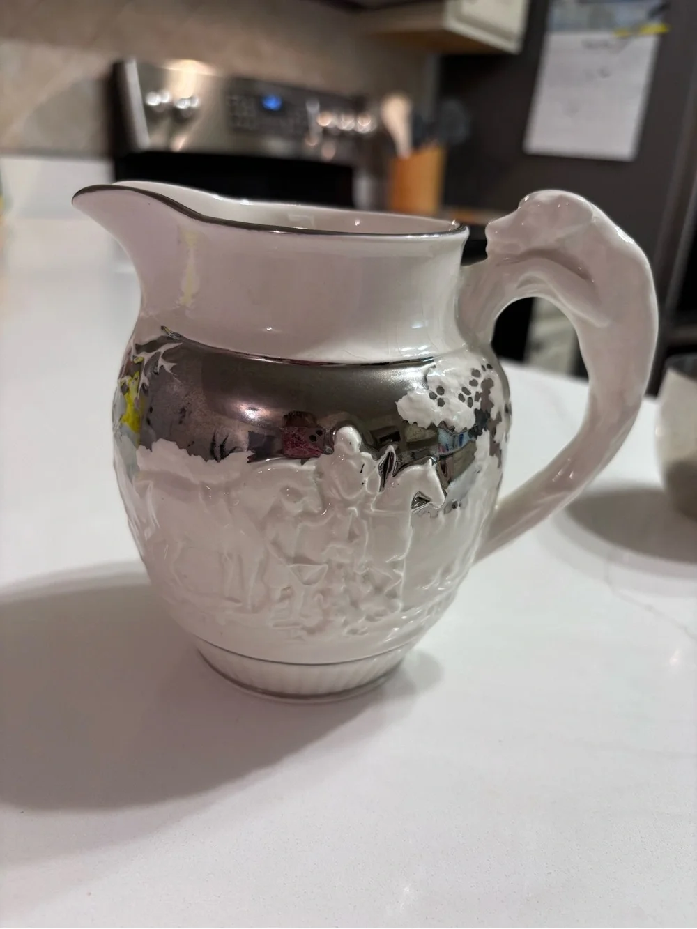 Vintage Wedgwood Eturia Barlaston Creamer Pitcher Ivory Silver Horse Hound Hunt